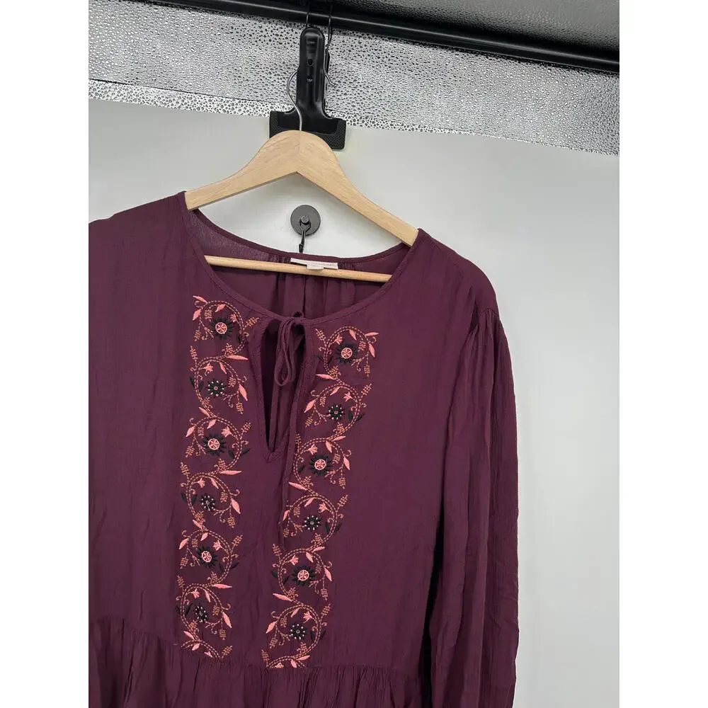 Knox Rose Midi Dress Size 2X Burgundy‎ Embroidery Boho Peasant Fall Cottagecore